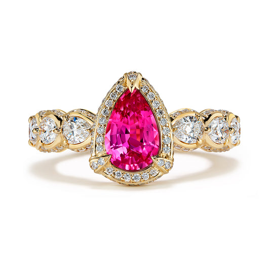 Unheated Neon Padparadscha Sapphire Ring with D Flawless Diamonds set in 18K Yellow Gold