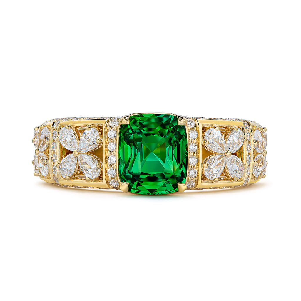 Neon Tsavorite Garnet Ring with D Flawless Diamonds set in 18K Yellow Gold