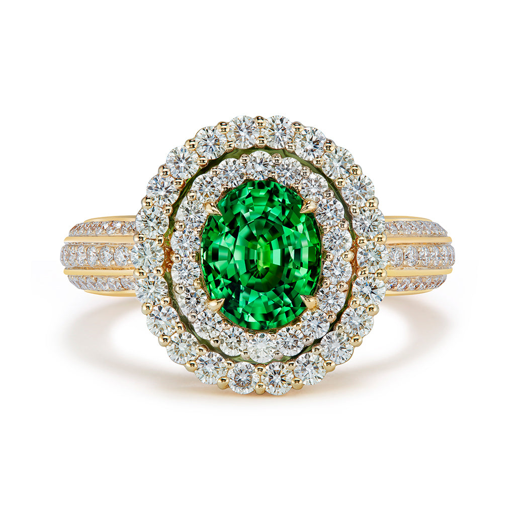 Neon Tsavorite Ring with D Flawless Diamonds set in 18K Yellow Gold