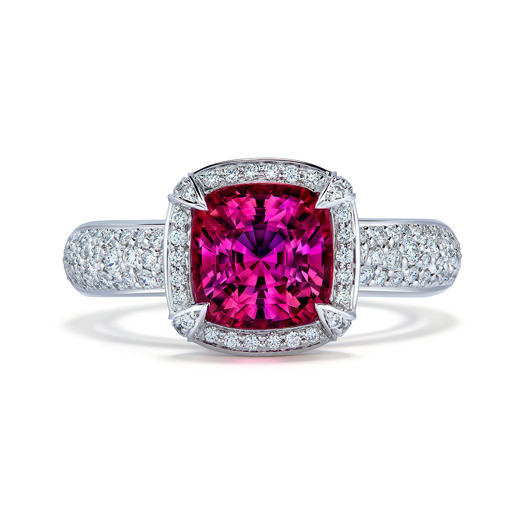 Neon Brazilian Rubellite Tourmaline Ring with D Flawless Diamonds set in Platinum