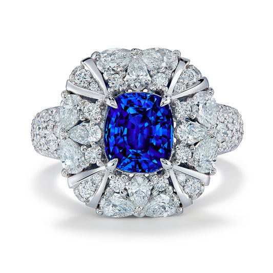 Unheated Ceylon Cornflower Blue Sapphire Ring with D Flawless Diamonds set in 18K White Gold