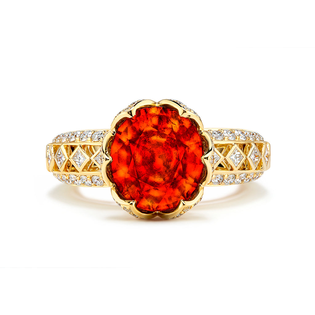 Hessonite Garnet Ring with D Flawless Diamonds set in 18K Yellow Gold