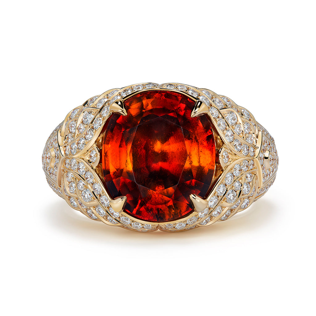 Hessonite Garnet Ring with D Flawless Diamonds set in 18K Yellow Gold