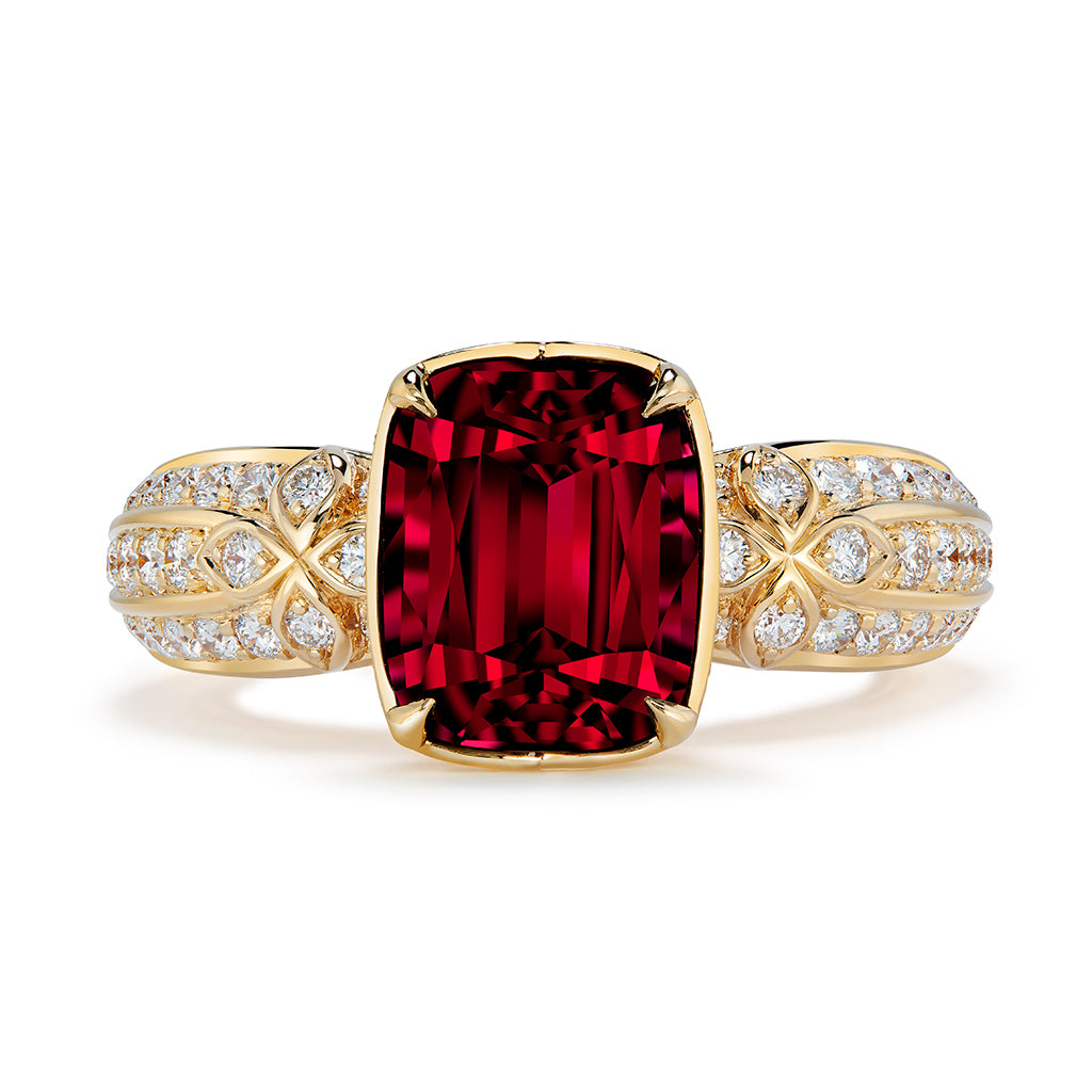 Pigeons Blood Spinel Ring with D Flawless Diamonds set in 18K Yellow Gold