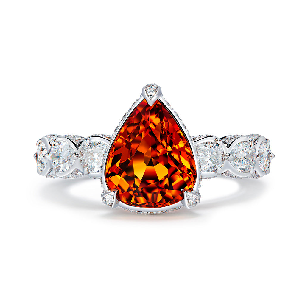 Mandarin Garnet Ring with D Flawless Diamonds set in 18K White Gold