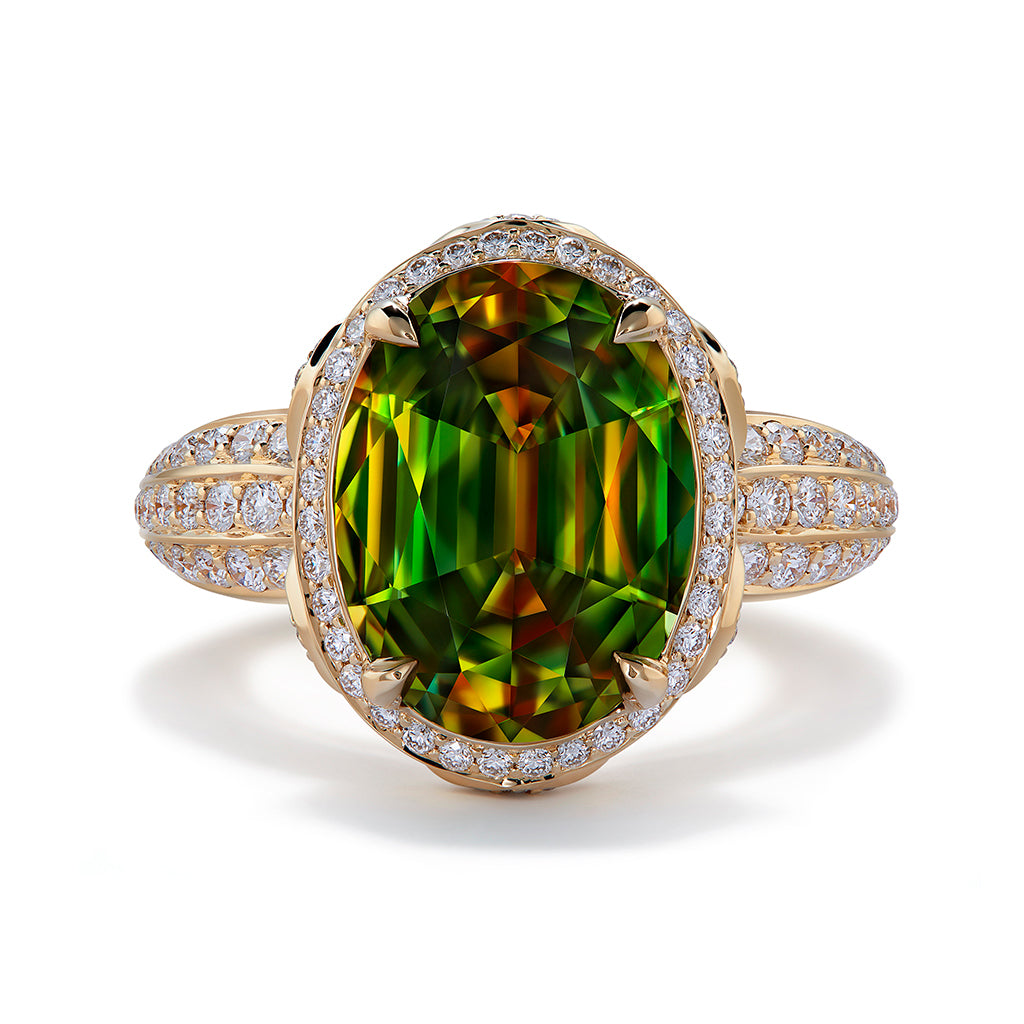 Sphene Ring with D Flawless Diamonds set in 18K Yellow Gold