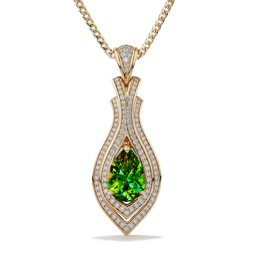 Sphene Necklace with D Flawless Diamonds set in 18K Yellow Gold