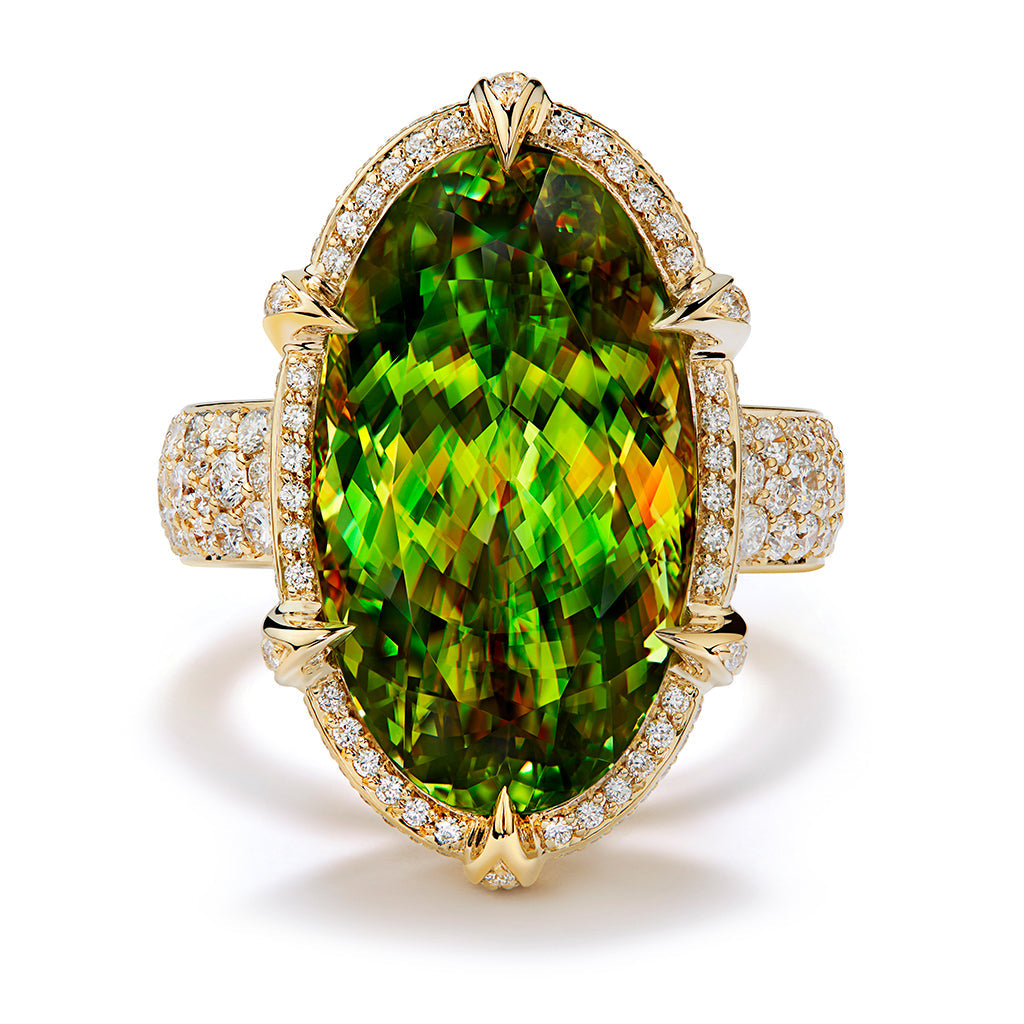 Sphene Ring with D Flawless Diamonds set in 18K Yellow Gold