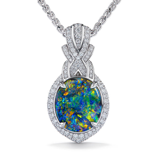 Lightning Ridge Black Opal Necklace with D Flawless Diamonds set in 18K White Gold